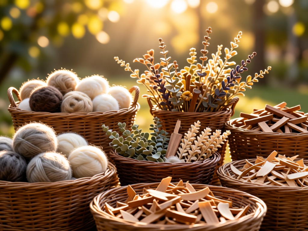 A collection of natural crafting materials like raw wool, dried botanicals, and wood shavings arranged in woven baskets. Soft focus background with warm sunlight. No people.