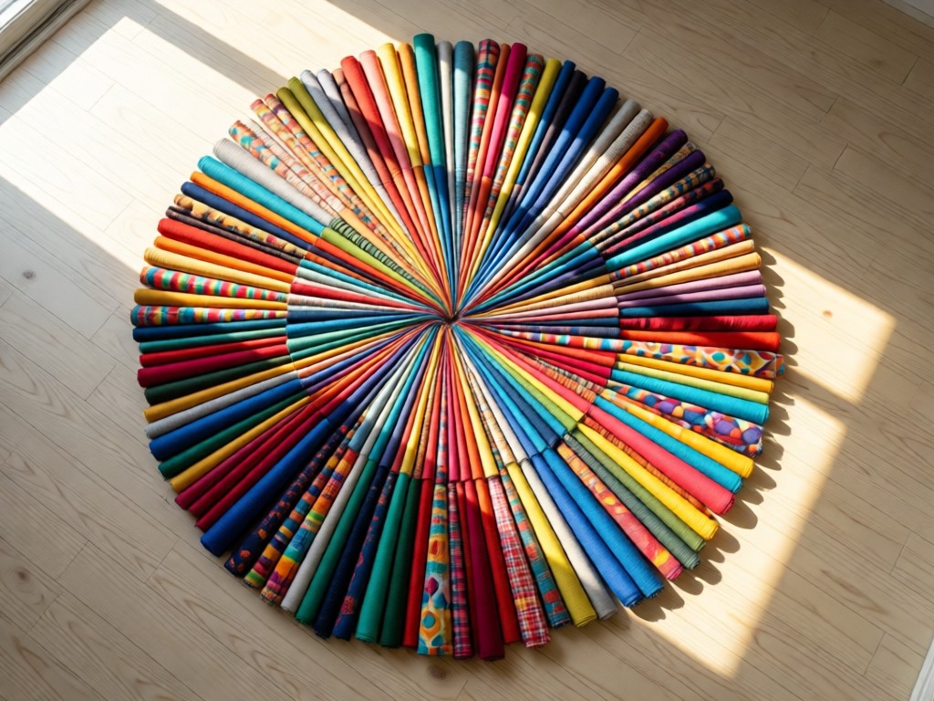Aerial view of colorful fabric bolts arranged like a blooming flower on a white oak floor. Sunlight creates warm highlights and soft shadows, symbolizing organized presentation.