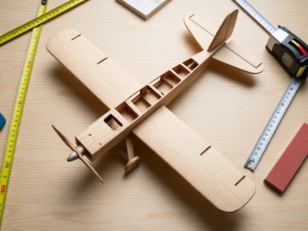 Overhead shot of a partially assembled balsa wood RC plane on a clean work surface. Natural light highlights wood grain and precision-cut parts. Measuring tape and sandpaper frame the scene. No people.