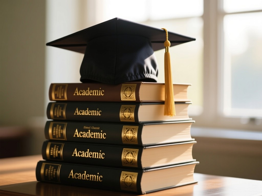 A neatly stacked pile of academic books with gold embossed titles. A graduation cap sits atop them, backlit by soft morning light through a window. No people.