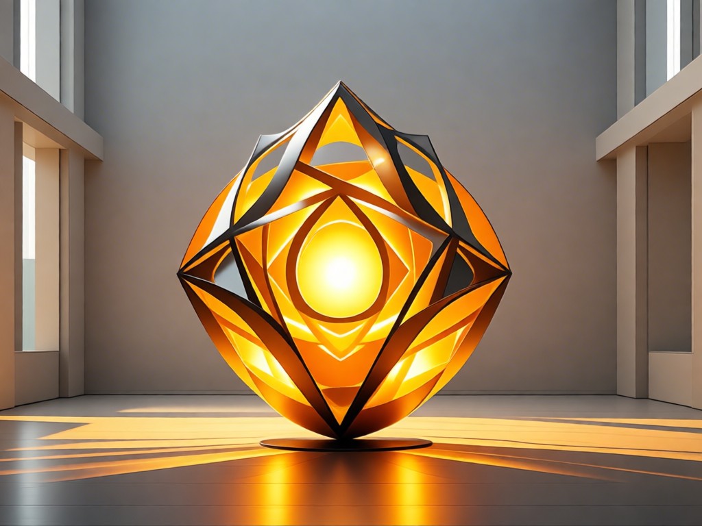 An abstract digital sculpture glowing in golden hour light. Geometric shapes symbolize interactive design possibilities. Placed centrally in a bright, open space. No people.
