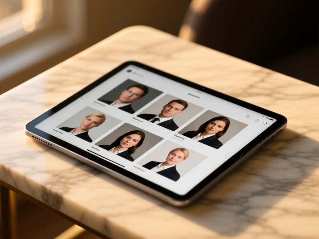 A sleek tablet on a marble surface during golden hour, displaying a professional before-and-after gallery with soft natural lighting, minimalist design, shallow depth of field, no people.