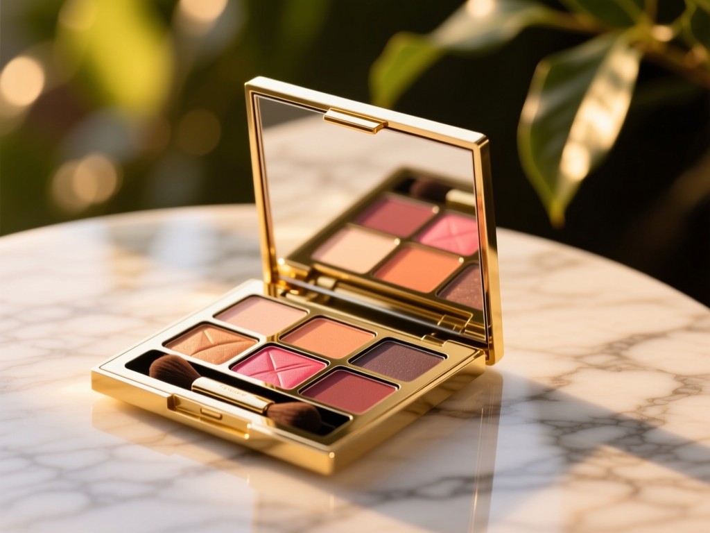 An open luxury makeup palette on marble surface during golden hour, soft light highlighting vibrant pigments, blurred foliage background, clean composition, no text.
