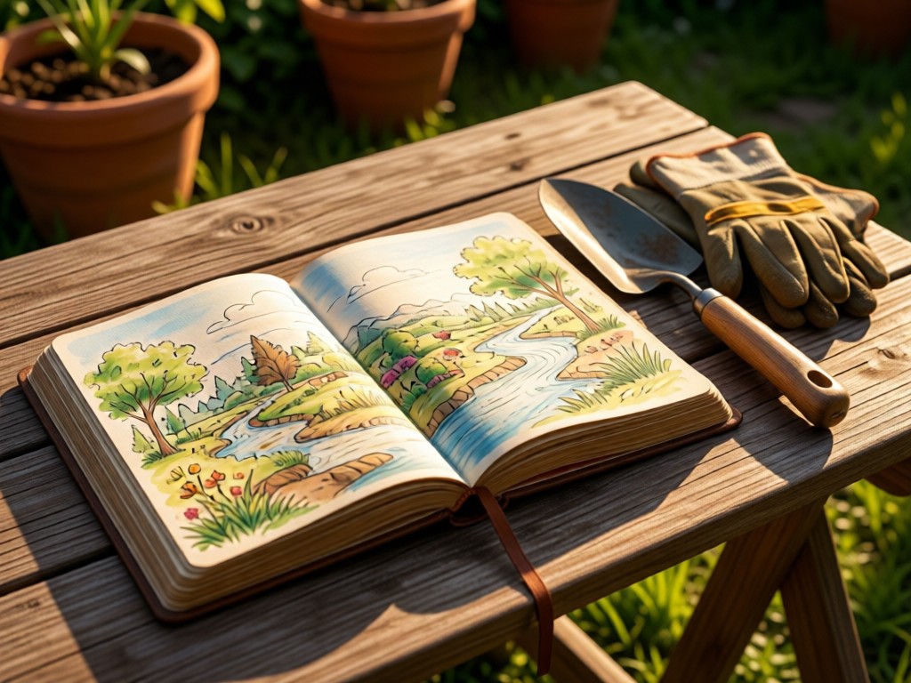 An open gardening journal on a potting table showing landscape sketches. A trowel and gloves rest beside it. Warm afternoon light creates depth. No people.