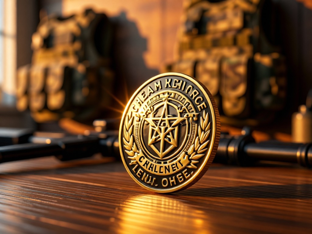 A military challenge coin gleaming in sunset light on a wooden desk. Background features abstract blurred shapes of tactical gear.