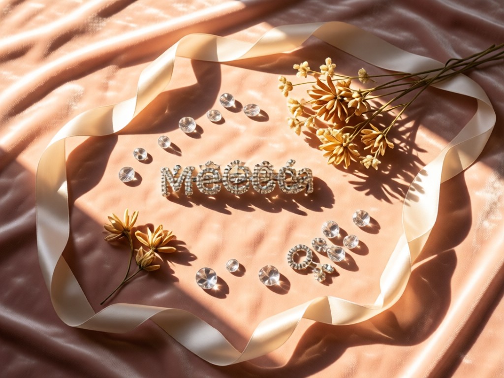 A flatlay of curated quinceañera elements: satin ribbons, dried flowers, and crystal beads arranged on blush velvet. Soft morning light creates gentle shadows.