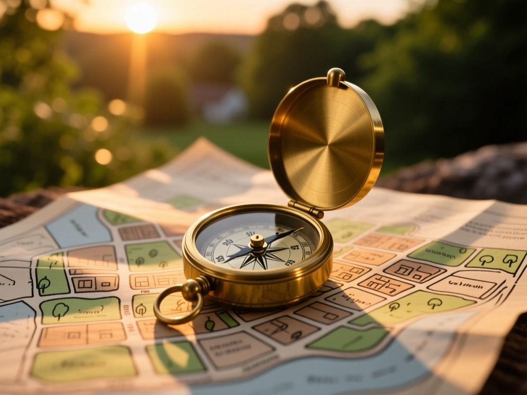 A vintage brass compass on a hand-drawn neighborhood map during sunset, warm golden light casting long shadows, blurred greenery in background, symbolic of local discovery, natural earth tones, no people.