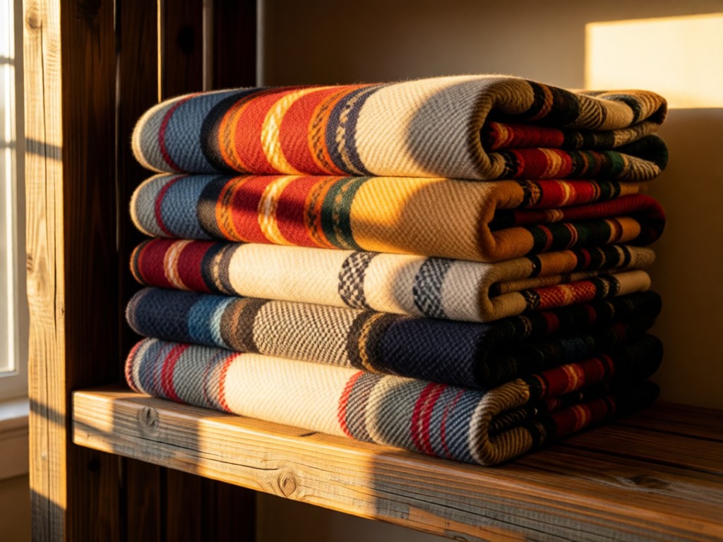 An artfully arranged stack of Pendleton blankets in complementary patterns on a reclaimed wood shelf. Golden hour light accentuates the textures. No people.