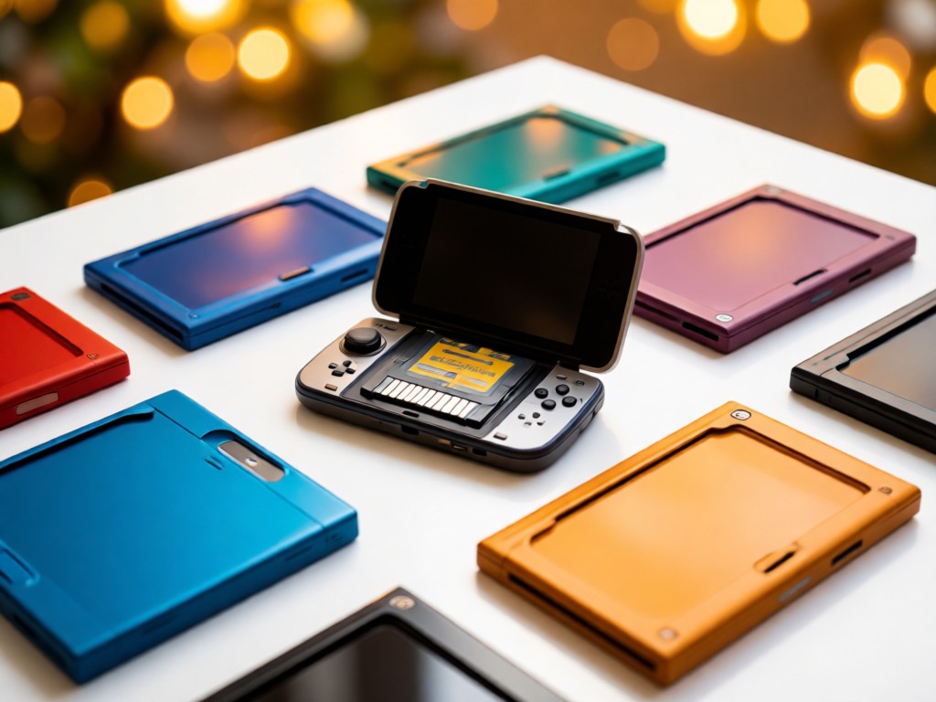 Overhead shot of colorful PS Vita game cases arranged in a sunlit grid on a white surface. One case stands open, revealing the cartridge inside. Warm bokeh highlights in background.