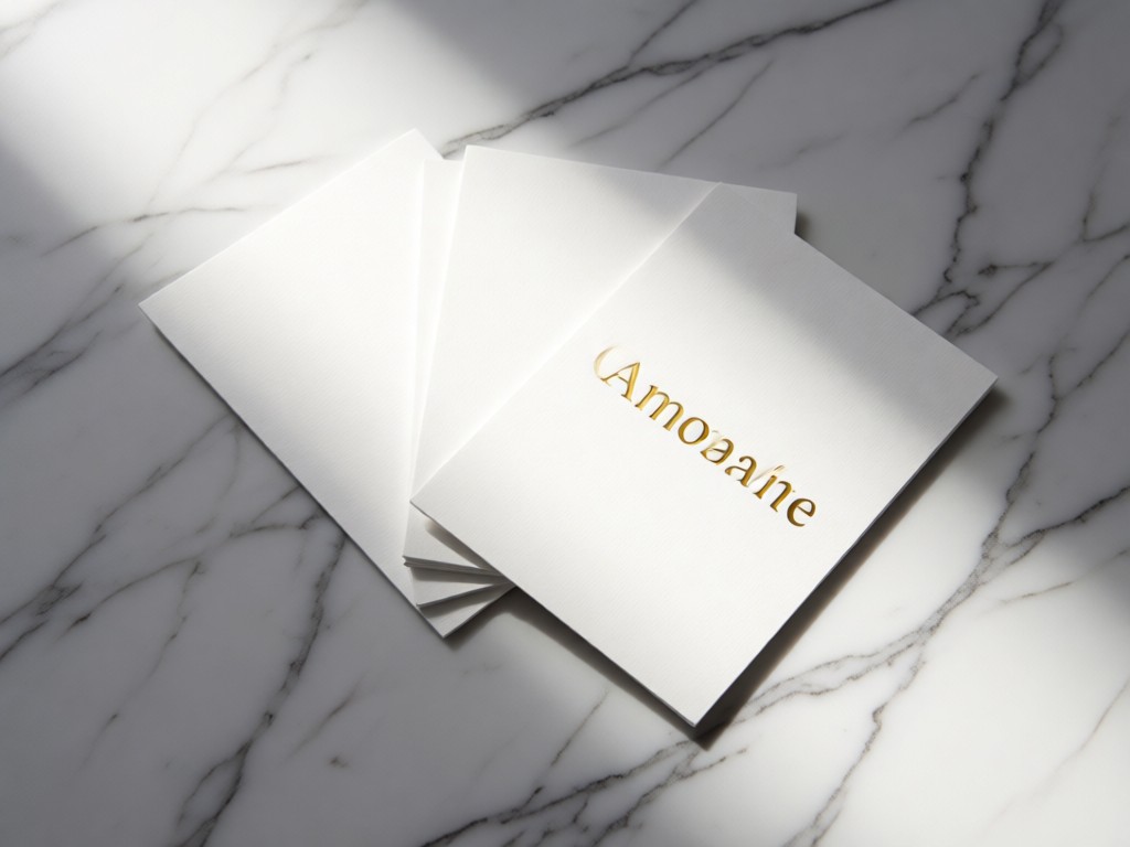 Three minimalist white business cards fanned artfully on marble surface. One has gold foil lettering catching sunlight. Clean, aspirational aesthetic. No people.