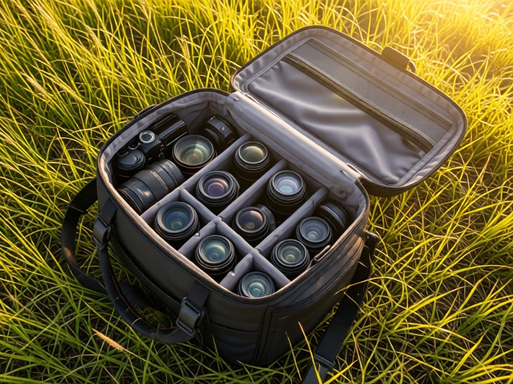 An aerial shot of a professional camera bag open on a meadow, showing neatly organized lenses in golden hour light. The scene represents having essential tools in one perfect place. No people.