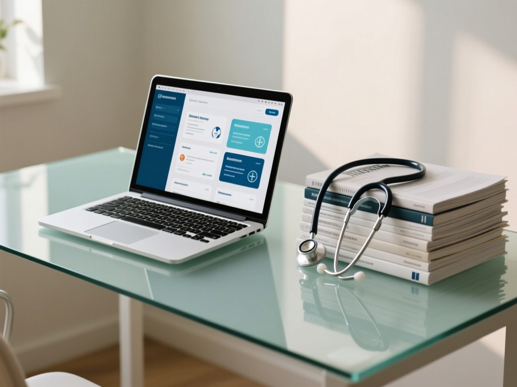 A minimalist glass desk displaying an open laptop showing patient review cards. Beside it, a neatly stacked pile of medical journals with a stethoscope draped over them. Soft natural lighting. No people.
