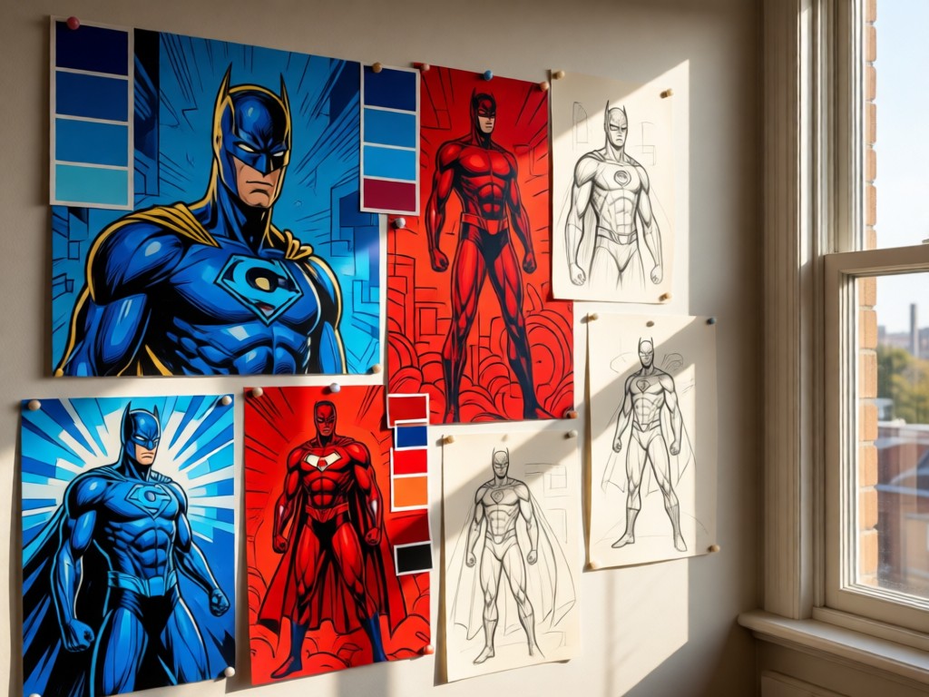 A mood board with vibrant DC-comic color swatches (heroic blues, bold reds) pinned beside character concept sketches. Natural light from a window creates depth. No people.