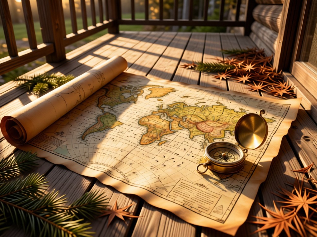A vintage map unfurled on a cabin porch with a brass compass. Late afternoon sun illuminates topographical details. Pine needles scattered at edges. No people.