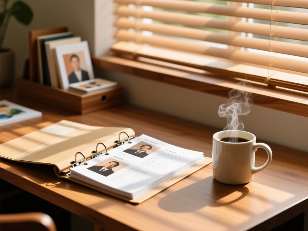A neatly organized binder with artist profile sheets next to a steaming coffee mug. Sunlight streams through window blinds onto the desk. Warm wood tones dominate.