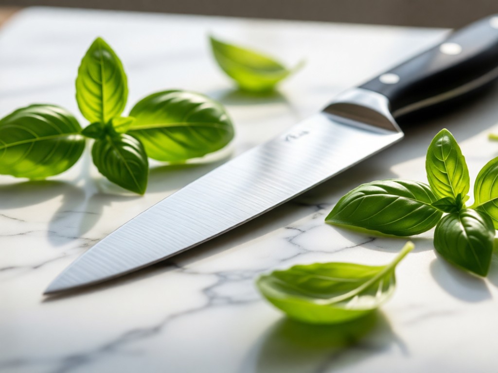 Chef's knife resting on marble with fresh basil scattered nearby. Shallow depth of field focuses on blade edge. Natural morning light. No people.