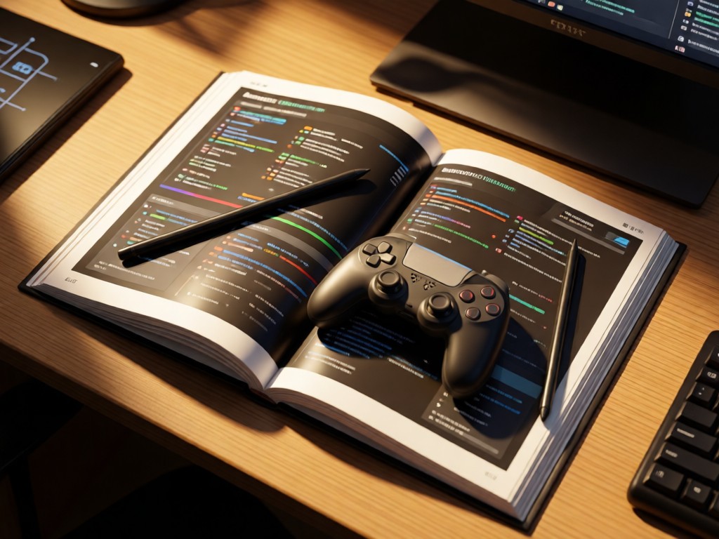 Aerial view of a game development book open on a desk. Controller and stylus placed diagonally across pages. Soft shadows and warm lighting symbolize unified tools. No people.