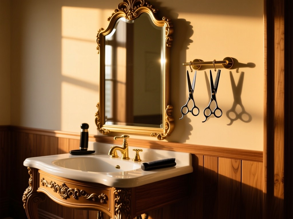 A single ornate grooming station bathed in golden hour light, shears hanging neatly beside a polished mirror, symbolizing elevated professionalism, soft shadows, warm wood tones, minimalist composition.