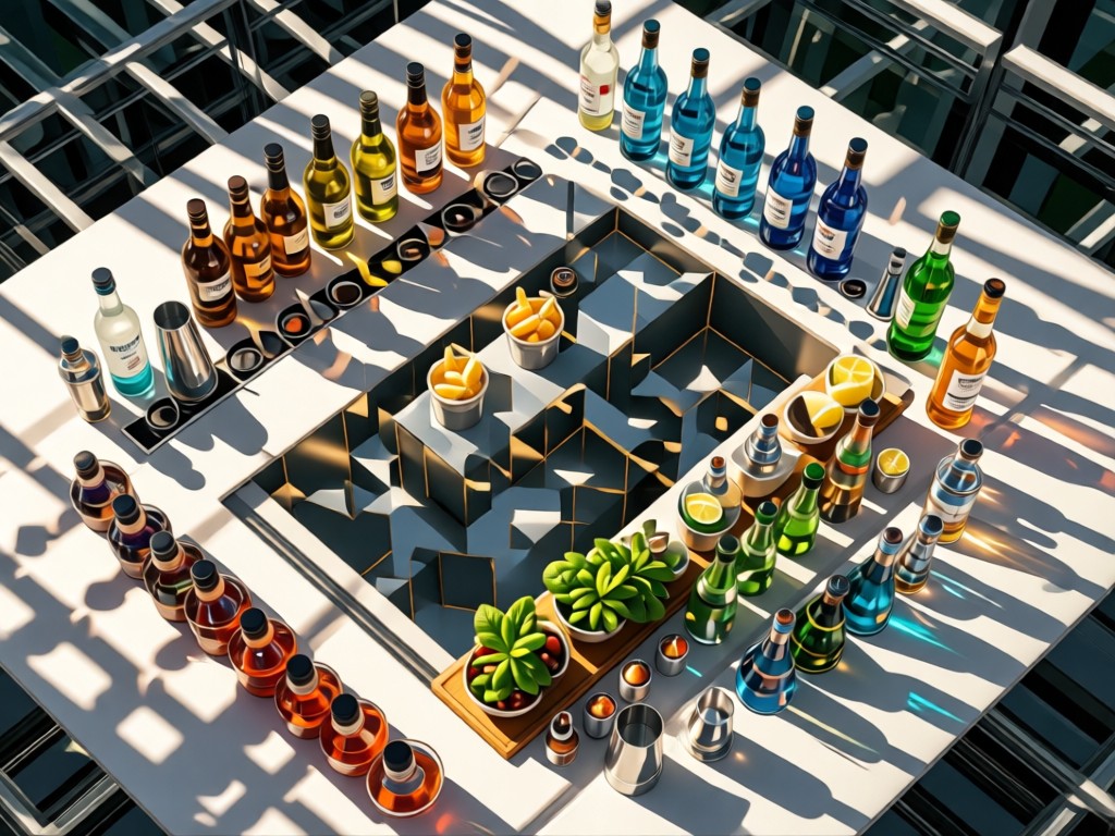 Aerial view of a stylish bar setup featuring non-alcoholic bottles, mixing tools, and garnishes arranged in precise geometric patterns. Soft shadows create visual rhythm. Daylight illuminates the composition. No people.