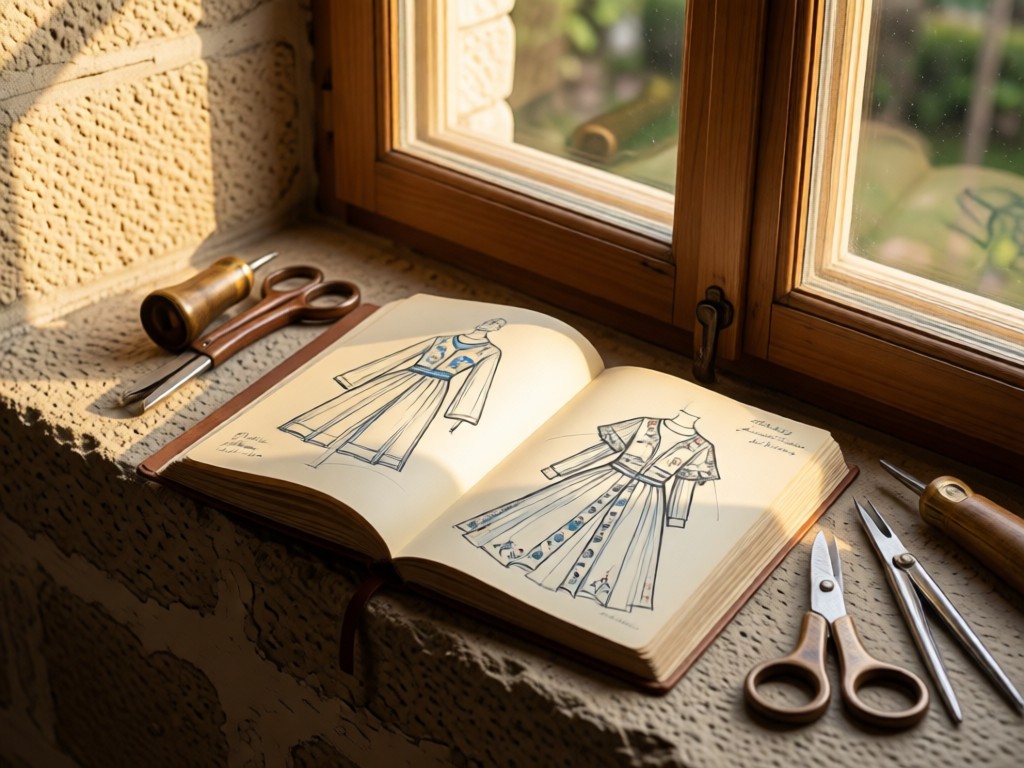 An open sketchbook beside vintage sewing tools on a stone windowsill. Pages show clothing sketches inspired by Portuguese motifs. Soft afternoon light filters through. No people.