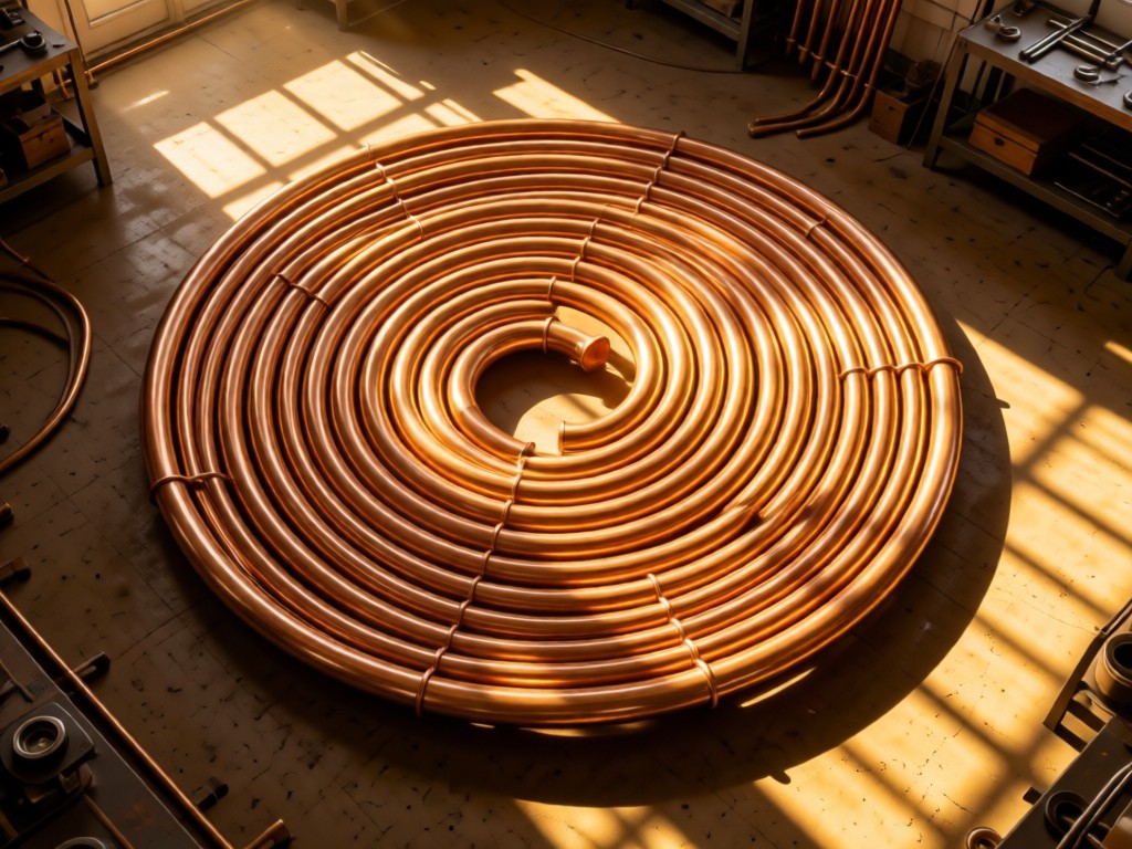 Aerial view of copper pipes forming a perfect spiral on workshop floor. Golden sunlight creates radiating shadows. Symbolizes precision and centralization. No people.
