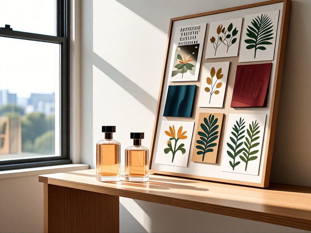 Minimalist shelf with perfume bottles beside a designer mood board featuring fabric swatches and botanical illustrations. Natural light from large windows. No people.