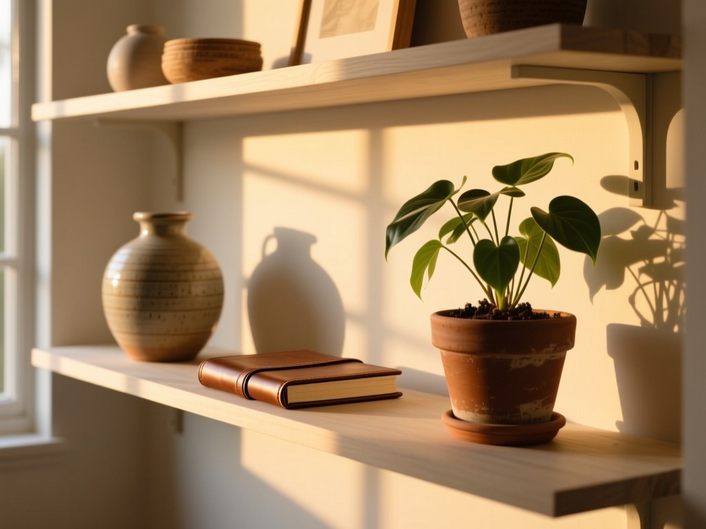 A minimalist shelf with curated lifestyle objects - ceramic vase, leather journal, potted plant - bathed in golden hour light through a window, soft shadows, natural textures, shallow depth of field.