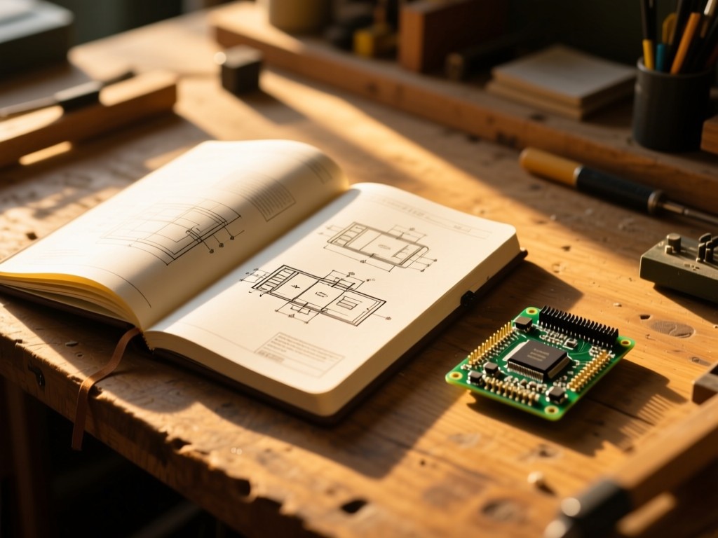 An open engineering notebook with schematics beside a microcontroller on a wooden workbench, golden hour light casting long shadows, shallow focus, warm academic atmosphere, no visible text.