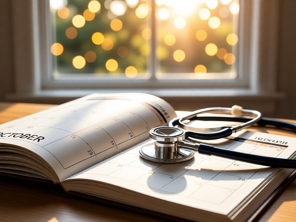 A modern calendar open to October with a stethoscope placed diagonally across pages. Soft focus background with sunlit window creating bokeh effects. No people.