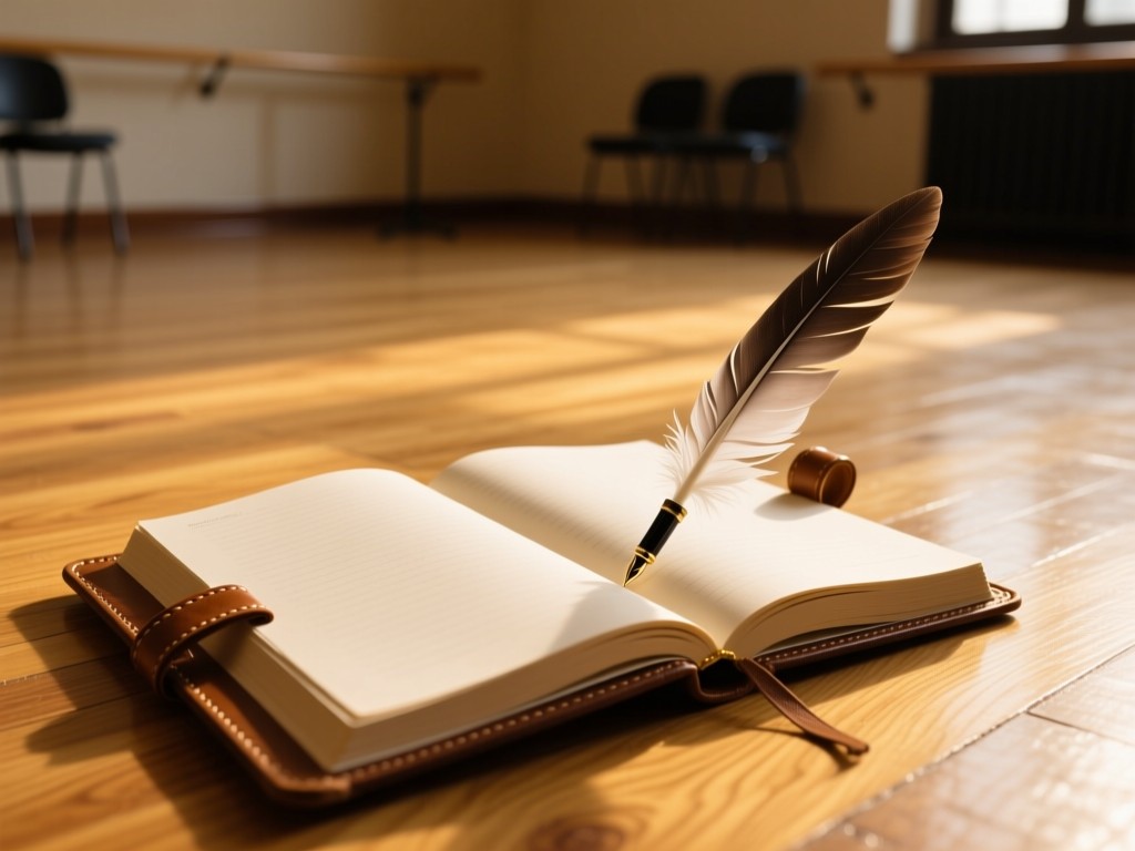 An open leather journal with a feather pen on a rehearsal room floor, golden light highlighting blank pages, shallow depth of field, wood grain textures visible, no text.