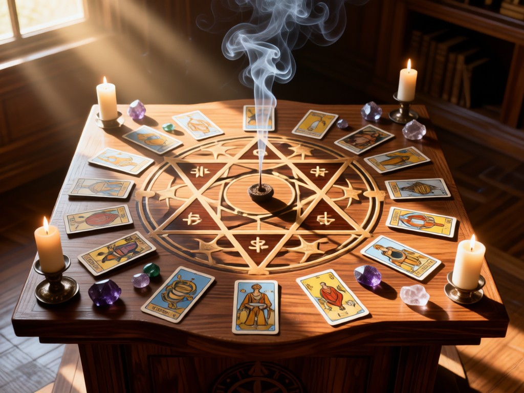 Overhead shot of a wooden altar with tarot cards, candles, and crystals arranged in a sacred geometry pattern. Soft sunlight highlights smoke trails rising from incense. No people.
