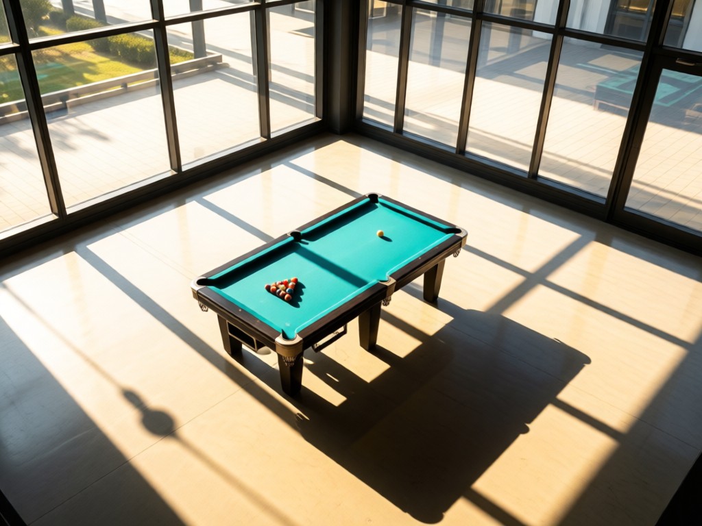 Aerial view of a single pool table centered in an empty sunlit showroom. Crisp shadows frame the table. Large windows flood the space with warm, clear light. Symbolizes focus and professionalism. No people.