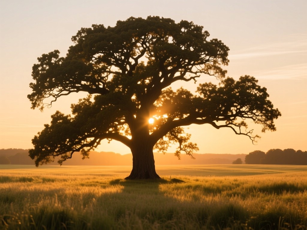 A single majestic oak tree in a sunlit field during golden hour, its branches spreading wide like welcoming paws, warm sunset glow, soft shadows, no people.