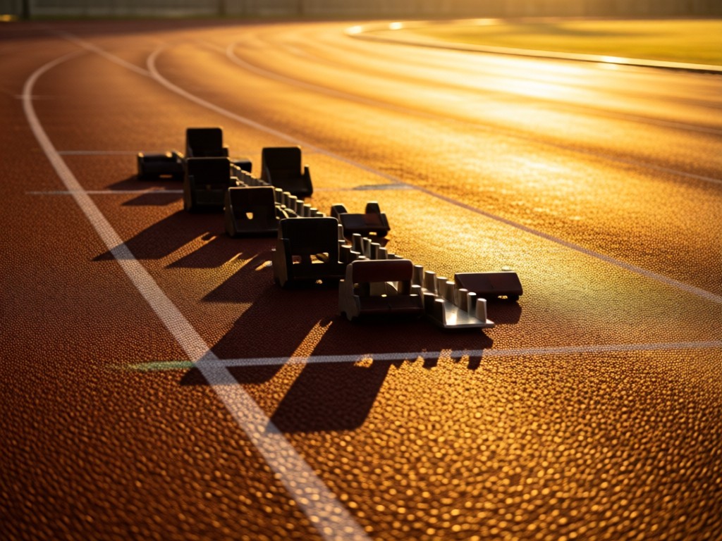 Starting blocks on an empty track at golden hour. Long shadows stretch across the lanes. Focus on the texture of the rubber and track lines.