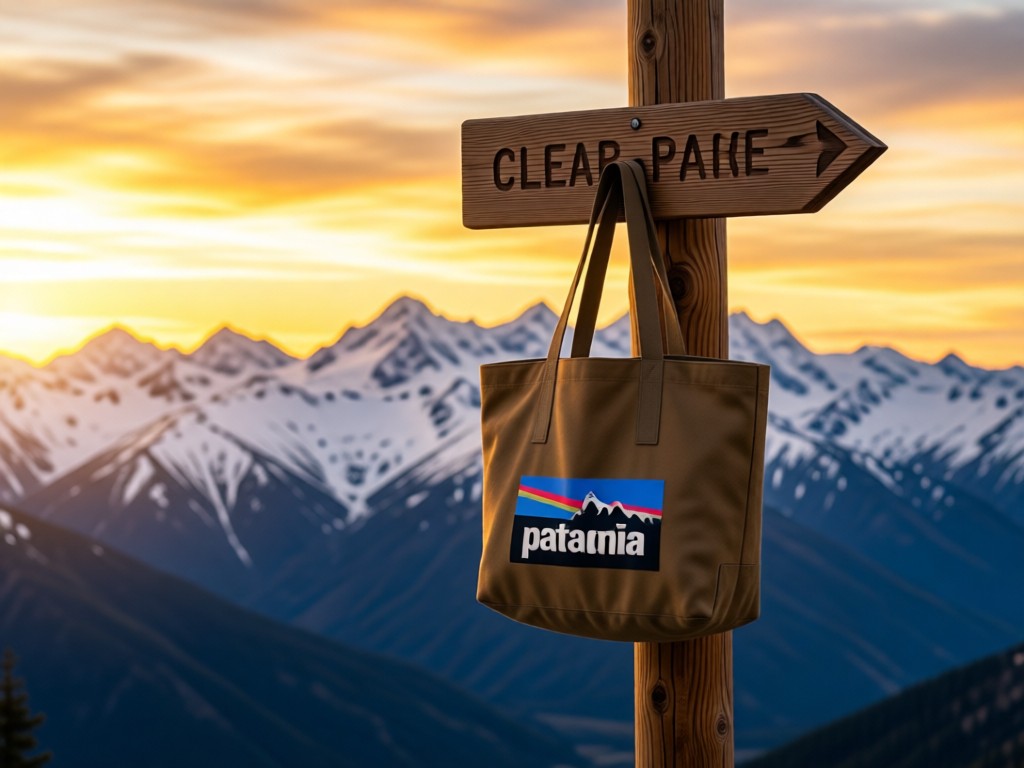 A lone Patagonia tote bag hanging on a wooden trail marker post. Snow-capped mountains under golden hour sky fill the background. Symbolizes clear direction for outdoor brands. No people.