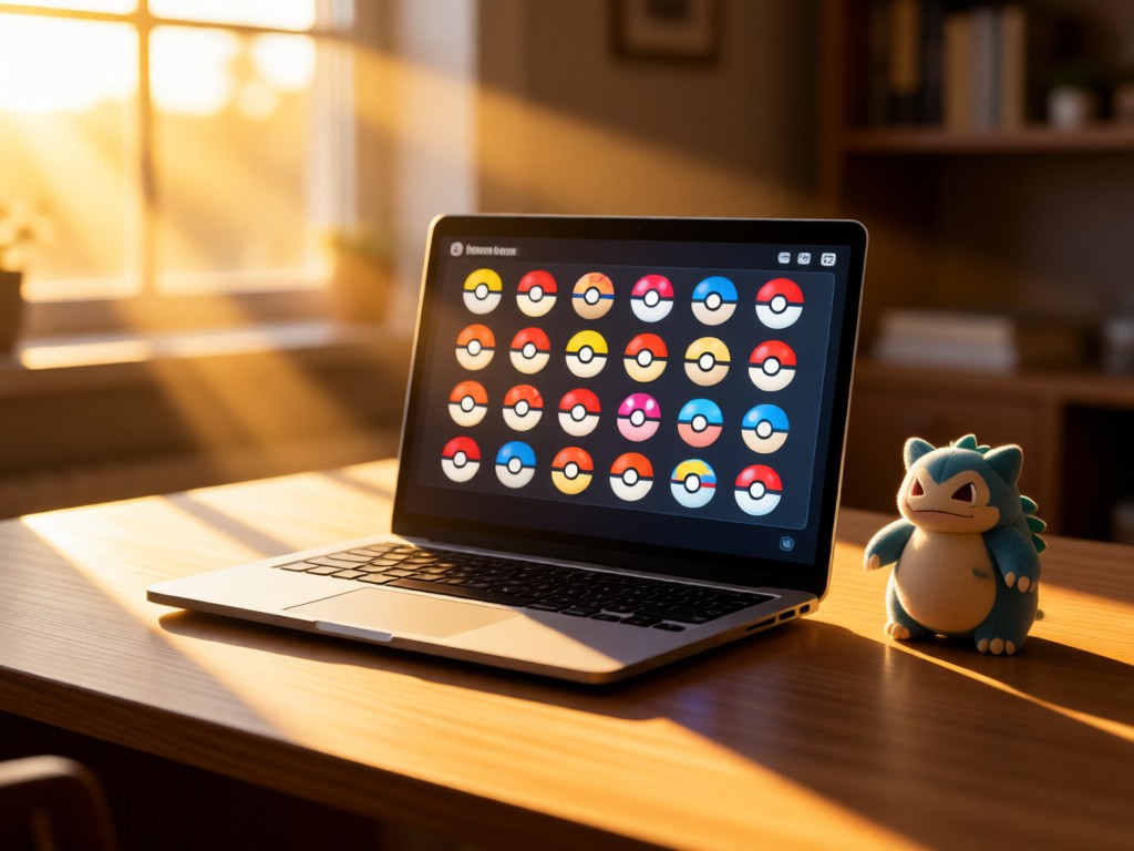 A laptop showing link buttons shaped like Pokeballs on a desk. Golden hour light streams through window, casting long shadows. Nearby sits a miniature Snorlax plush. Background softly blurred. No people.
