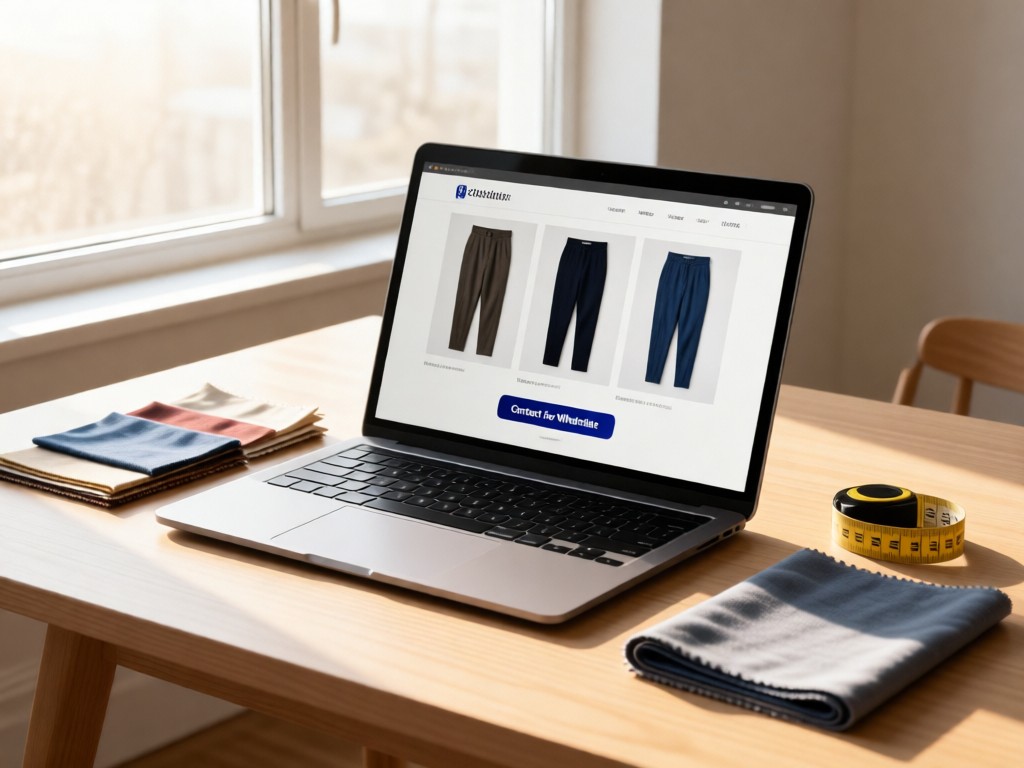 Minimalist setup: laptop showing a pants collection page with 'Contact for Wholesale' button. Nearby, fabric samples and measuring tape arranged neatly. Soft window light. No people.