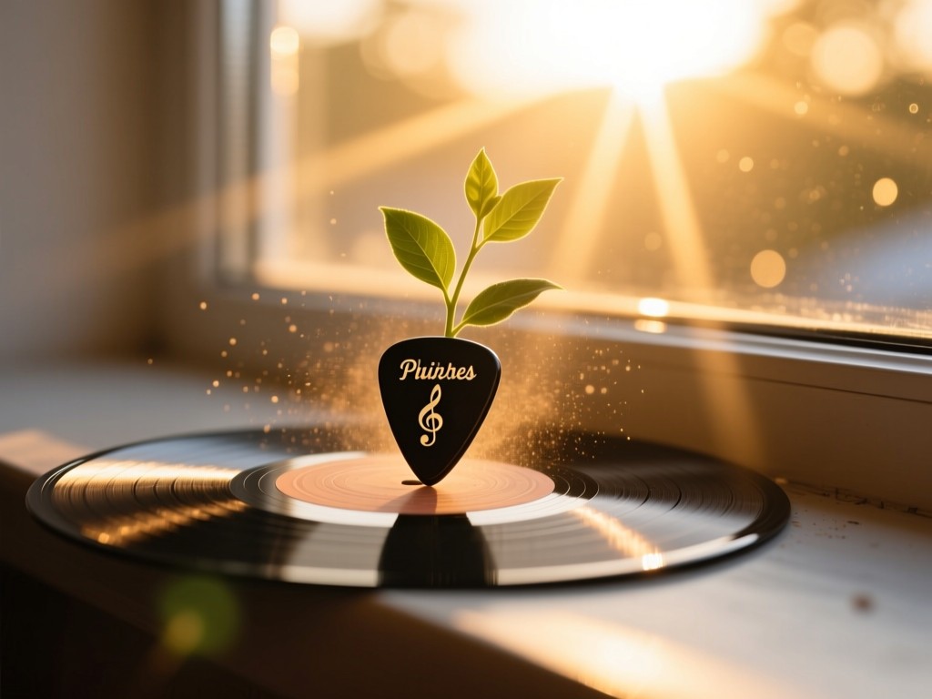 A guitar pick and vinyl record on a sunlit windowsill during golden hour, warm rays illuminating dust particles, shallow focus, bokeh background, symbolic of musical growth.