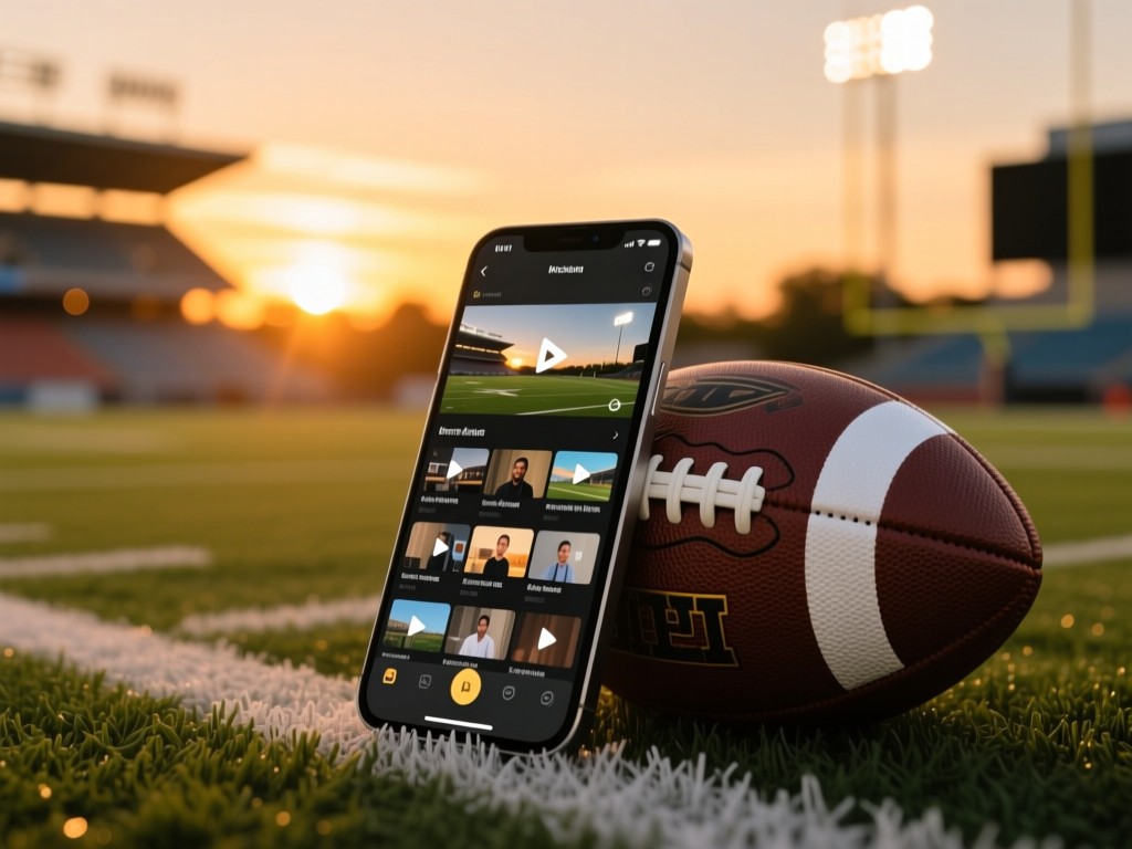 A smartphone propped against a football on a turf field during golden hour, screen showing organized video highlights, stadium lights in soft focus, warm sunset tones, shallow depth of field.