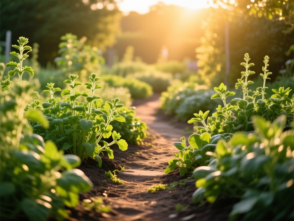 Sunlit path winding through fresh herbs in a garden at golden hour, vibrant greens, warm tones, symbolic of discovery, shallow depth of field, no people.