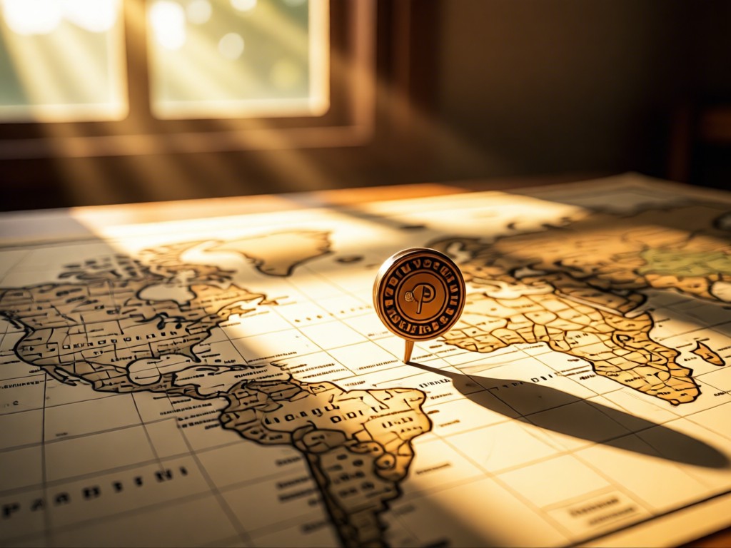 A vintage world map with a handcrafted Peruvian pin marking Cusco. Sunlight streams through a window onto the map. Warm, inviting atmosphere. No people.