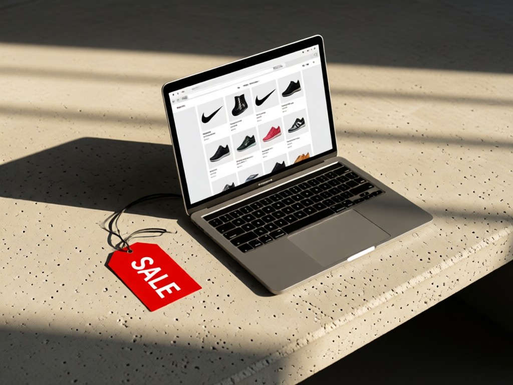 A minimalist desk with an open laptop showing a Nike product grid. Beside it, a single red 'SALE' tag rests on a textured concrete surface. Soft afternoon light creates long shadows. No people.