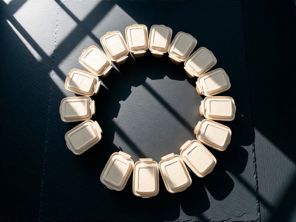 Aerial view of perfectly arranged takeout containers forming a circle on dark slate. Sunlight creates dramatic highlights and shadows. Minimalist composition symbolizing organization.