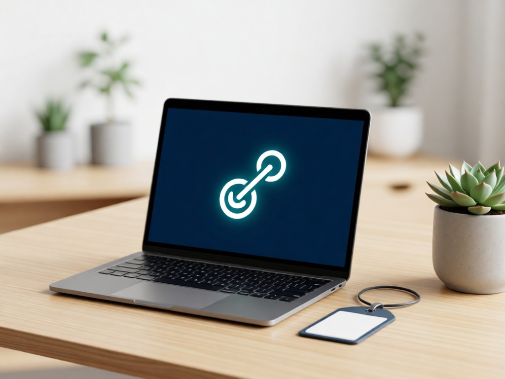 Minimalist desk with laptop showing link icons beside a pet tag. Soft focus background with succulent. Clean and professional. No people.