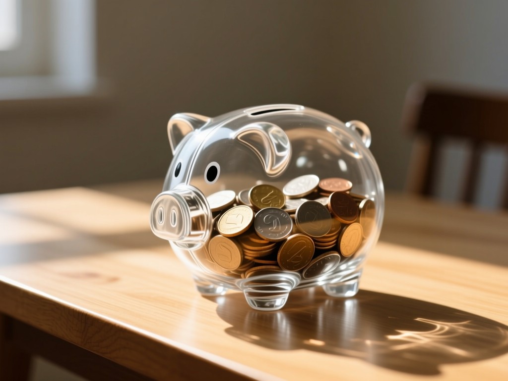 A clear glass piggy bank filled with coins on a sunlit wooden table. Focus on light refraction through glass. Minimalist background with soft shadows. No people.