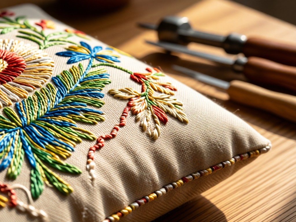 Macro shot of intricate pillow embroidery on linen fabric. Sunlight reveals thread textures against a blurred background of sewing tools. Natural wood surfaces. No people.