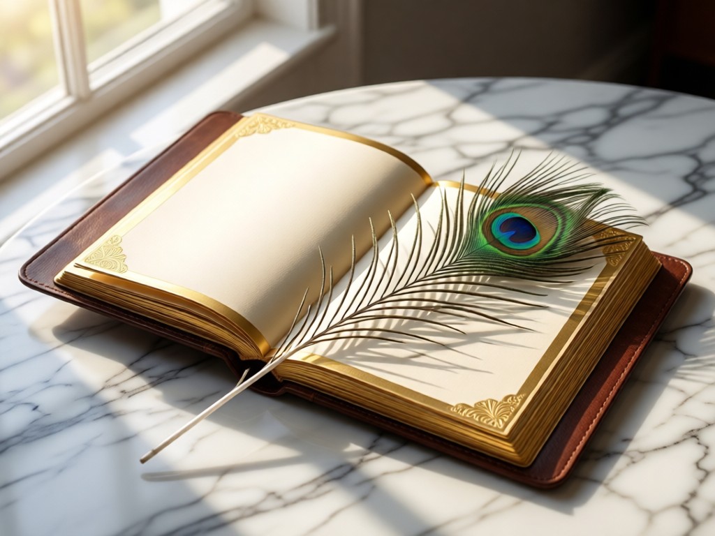 An open leather-bound portfolio with gold-edged pages on a marble surface. A single peacock feather placed diagonally across it. Soft window light highlights textures. No people.