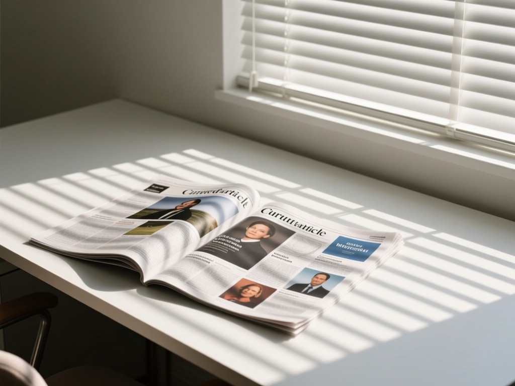 A clean minimalist desk with an open newspaper showing curated article snippets. Morning light filters through nearby blinds, creating striped shadows. No people.