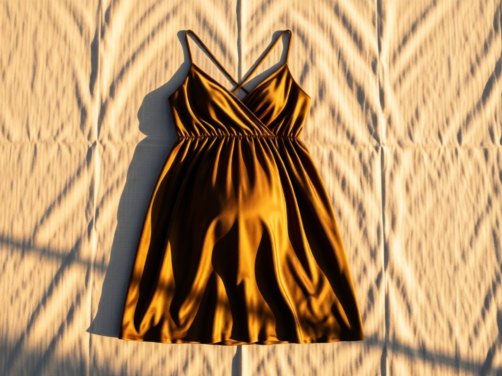 An aerial view of a single high-quality maternity tunic dress laid flat on natural linen. Surrounding negative space emphasizes craftsmanship. Golden hour light enhances fabric texture and color depth. No people.