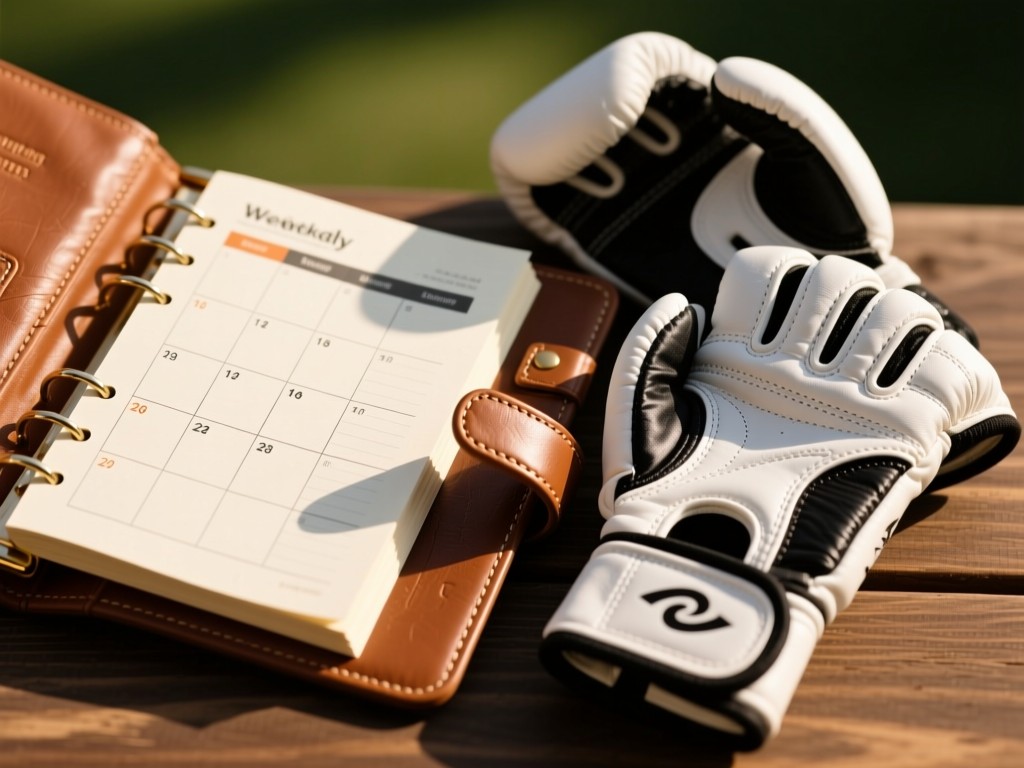 An open leather-bound planner showing a weekly schedule next to a pair of clean training gloves. Warm sunlight highlights the texture of paper and leather. No people.